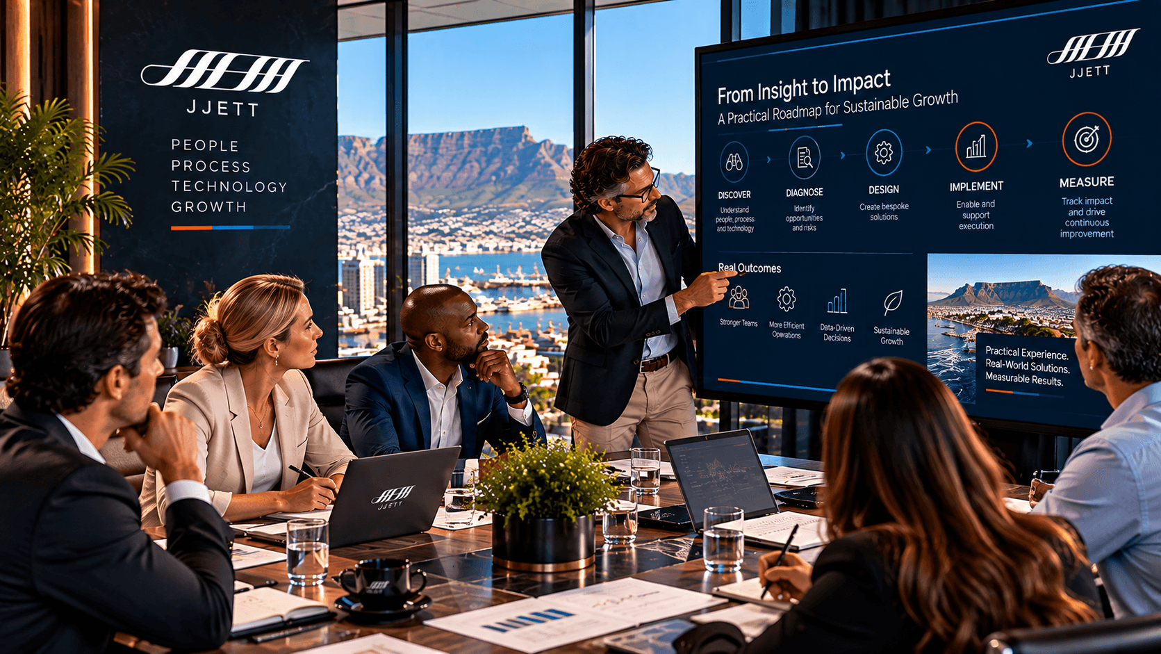A JJETT consultant taking a client leadership team through a practical delivery roadmap, from discovery to measured outcomes.