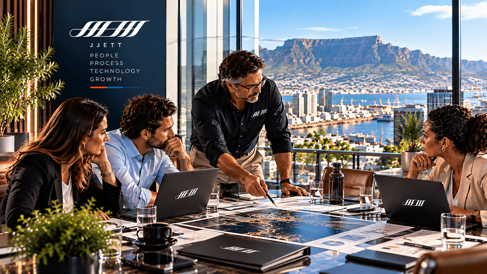 A JJETT strategist working through a business map with a client team in a Cape Town boardroom overlooking Table Mountain.