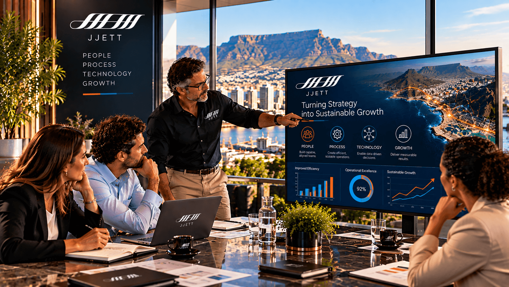 A JJETT lead presenting how strategy turns into measurable results — people, process, technology and growth — to a client team.