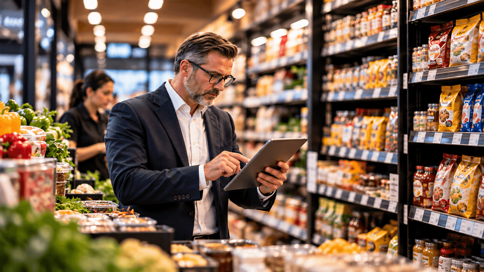 A JJETT consultant reviewing range and shelf data on a tablet in a supermarket aisle.