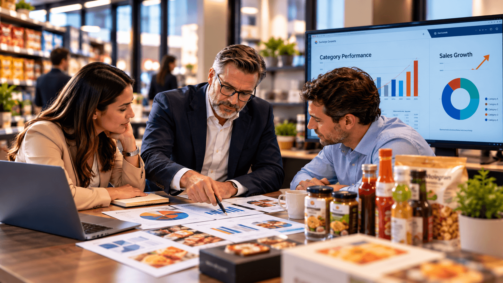 A JJETT team working through category performance and sales growth reports with a client.